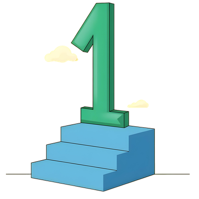 colorful illustration of a large number one, standing on top of a blue stairs