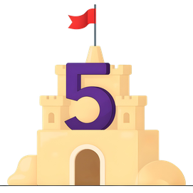 colorful illustration of a large number five, on top of a sand castle