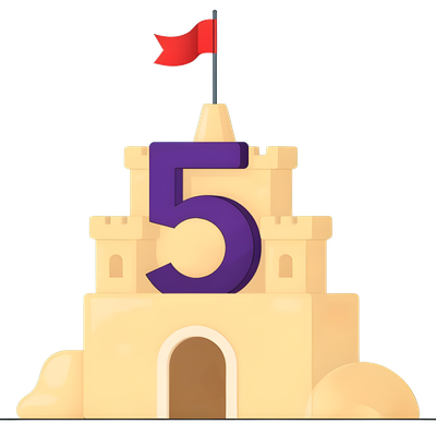 colorful illustration of a large number five, on top of a sand castle