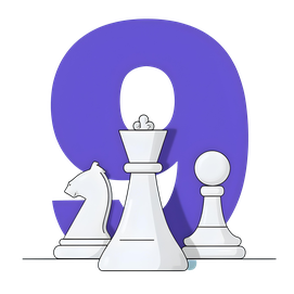 colorful illustration of a large number nine, surrounded by chess pieces