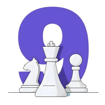 colorful illustration of a large number nine, surrounded by chess pieces