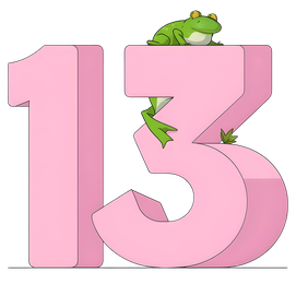 colorful illustration of a large number thirteen with a big frog on top of it