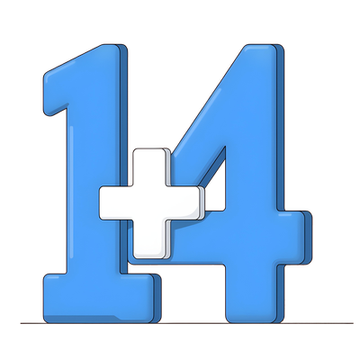 colorful illustration of a large number fourteen, with a plus in front of it