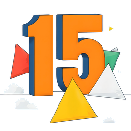 colorful illustration of a large number fifteen, surrounded by triangles