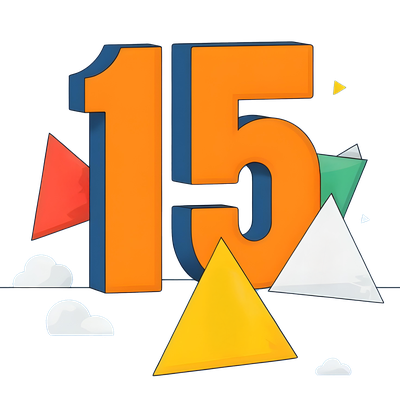 colorful illustration of a large number fifteen, surrounded by triangles