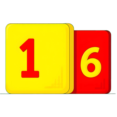 colorful illustration of a large number sixteen, on top of colorful panels