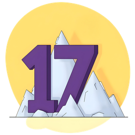 colorful illustration of a large number seventeen, surrounded by mountain peaks