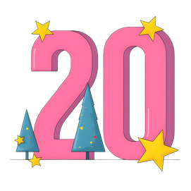 colorful illustration of a large number twenty surrounded by christmas trees and stars