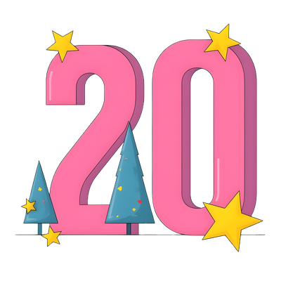 colorful illustration of a large number twenty surrounded by christmas trees and stars