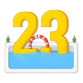 colorful illustration of a large number twenty three, submerged in a swimming pool