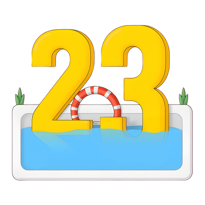 colorful illustration of a large number twenty three, submerged in a swimming pool