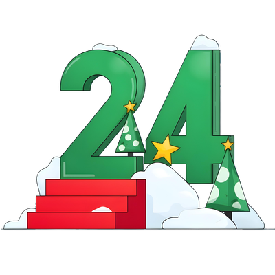 colorful illustration of a large number twenty four, on stairs with christmas trees